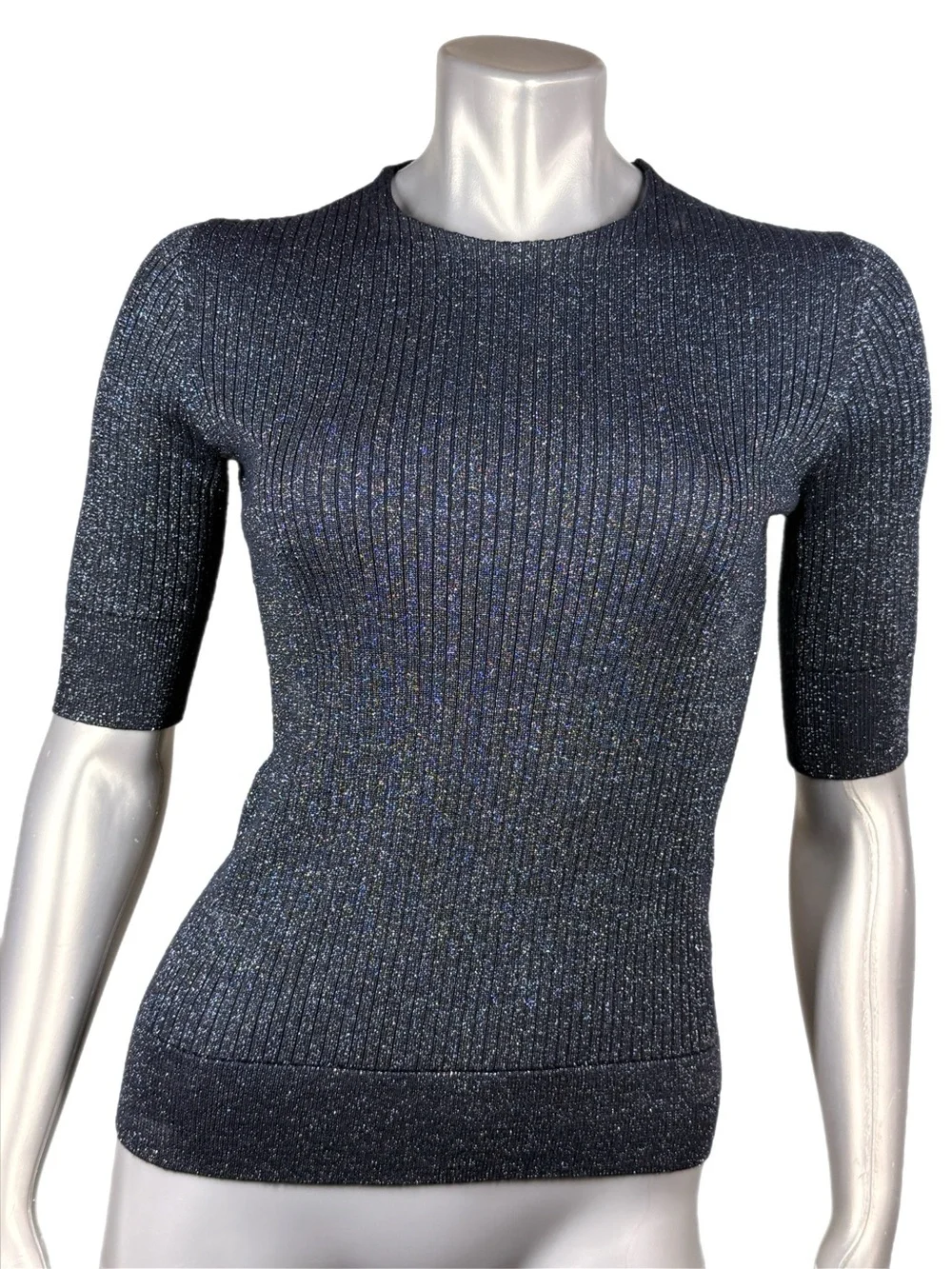 Tory Burch | Navy Blue Ribbed Short-Sleeve Metallic Knit Top - Silver Sparkle